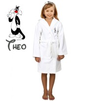 Black Cat Cartoon Design & Custom Name Embroidery on Kids Hooded Bathrobe